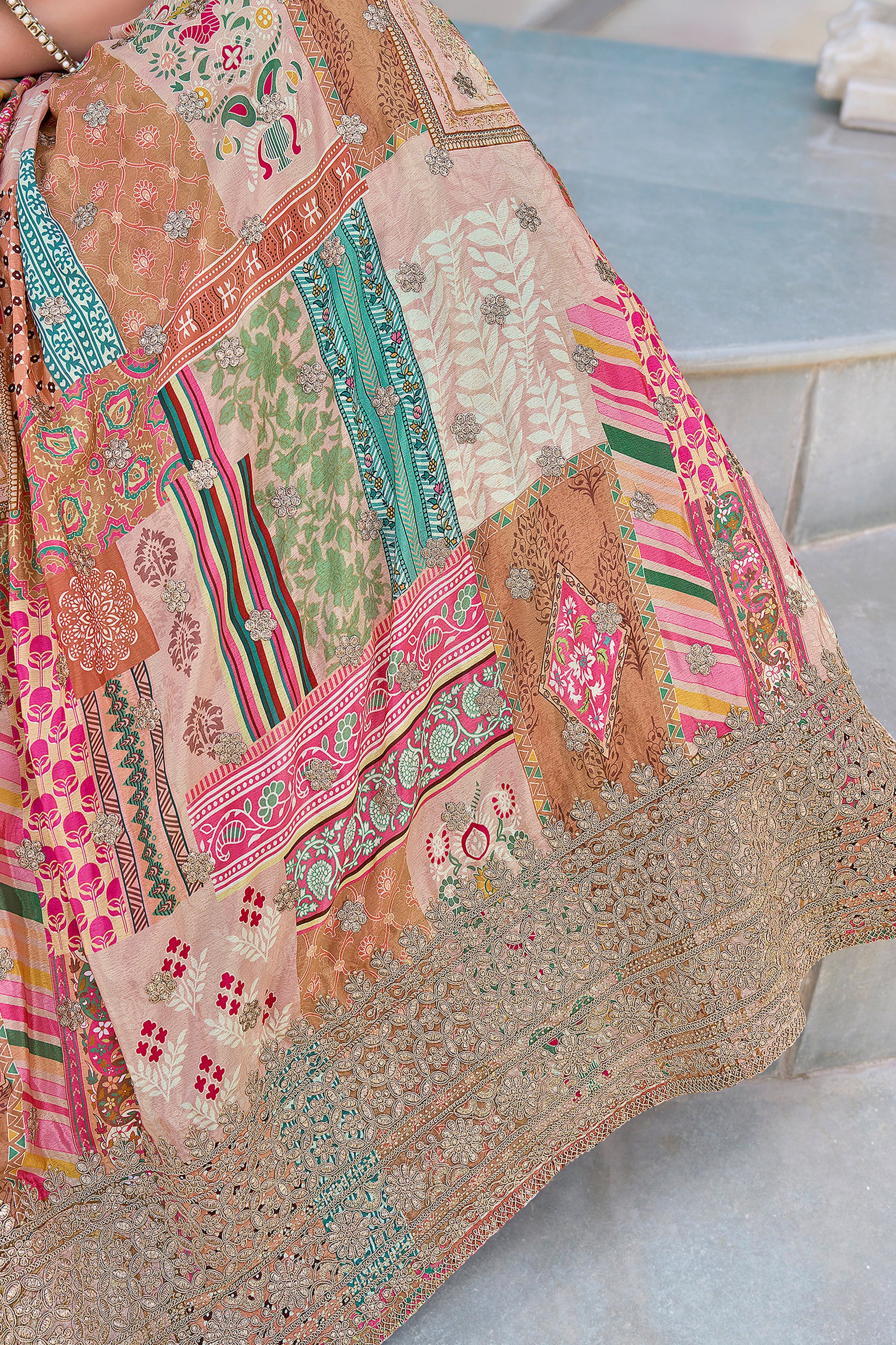 Festive lehenga choli with zari and lace border detailing