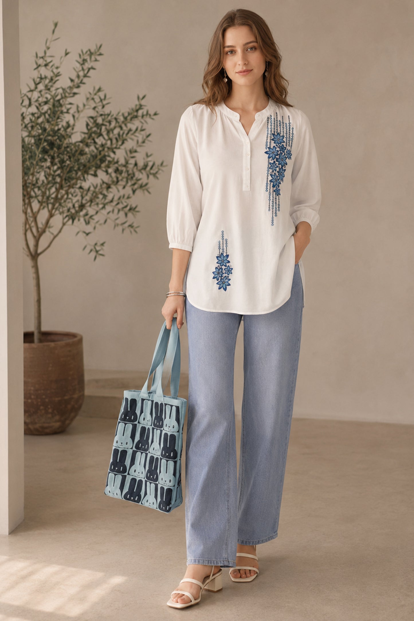 Front view of floral embroidered white tunic top