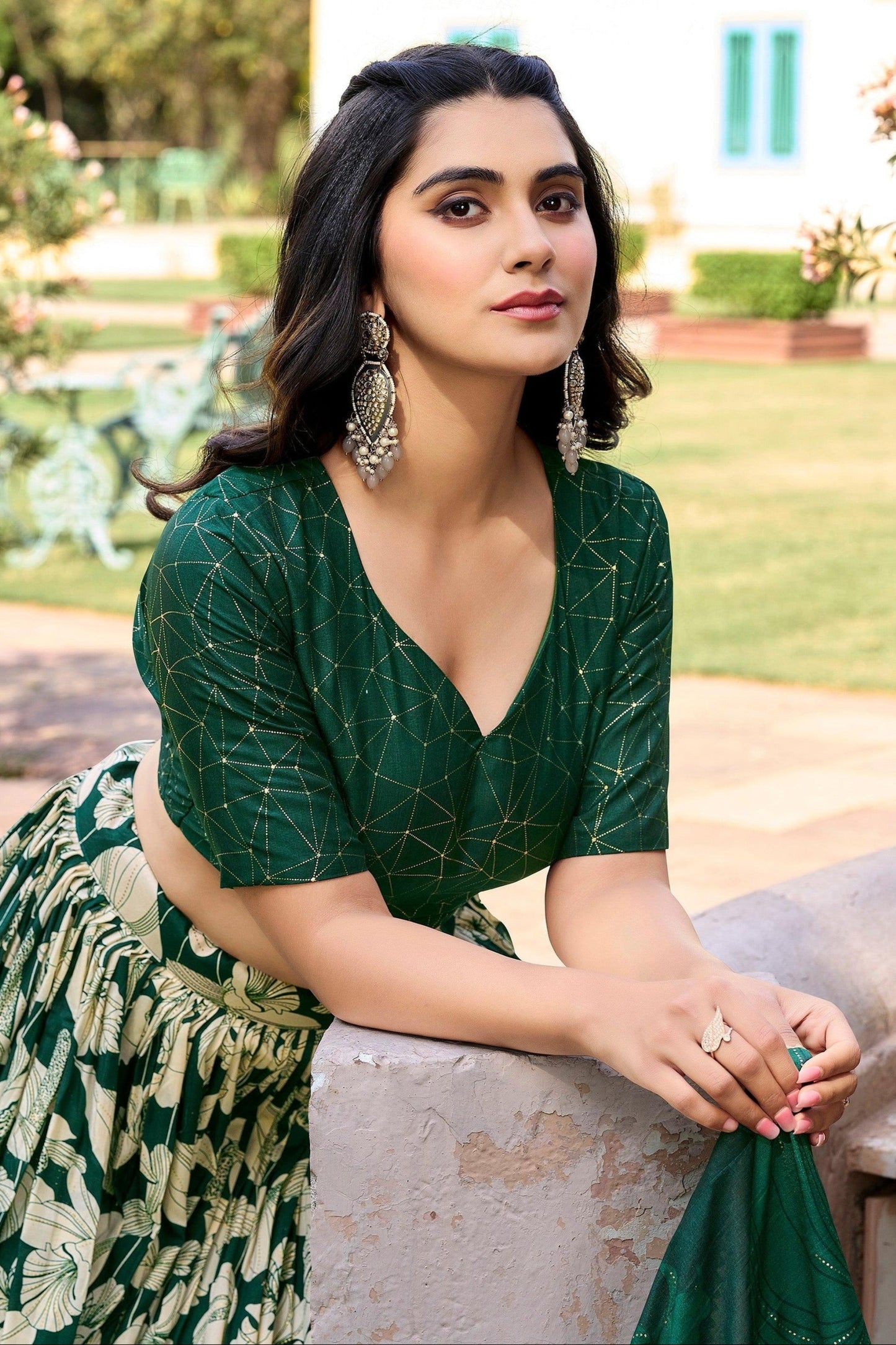 Close-up of floral embroidery on tussar silk lehenga fabric
