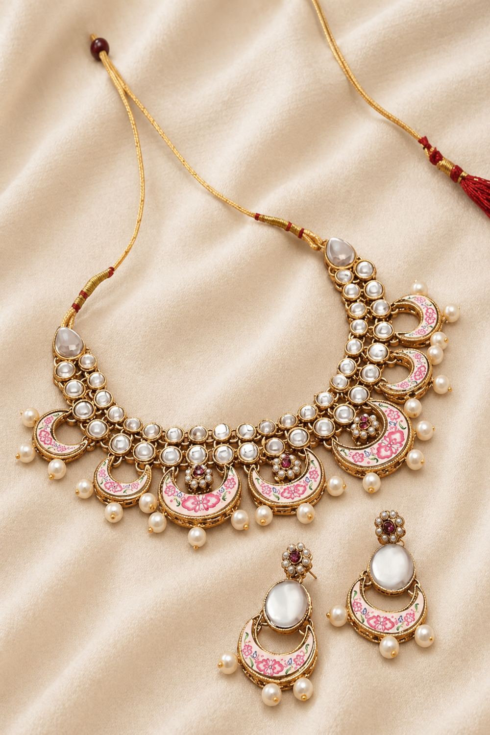 Floral meenakari necklace set with pearl-style drops