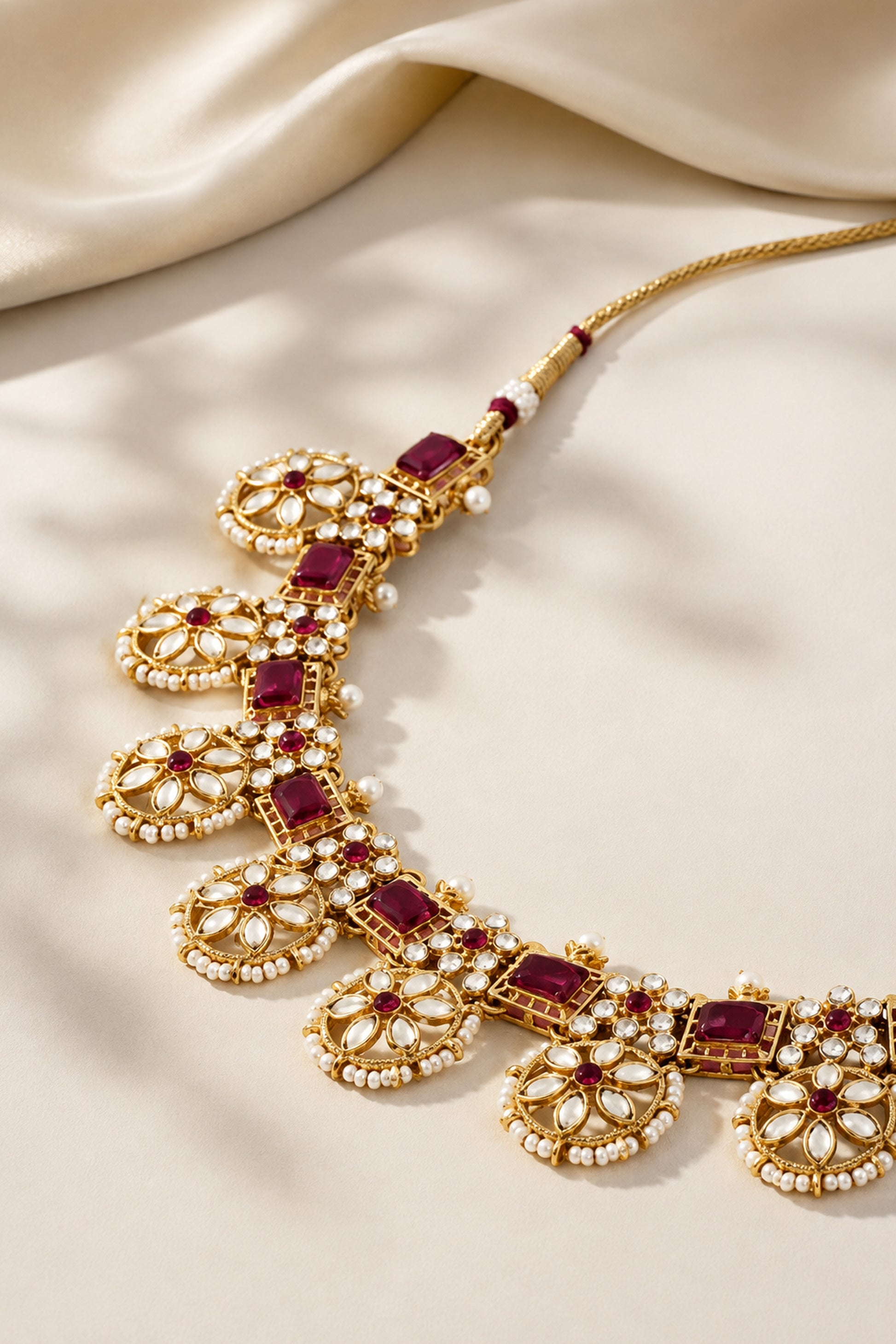 An ornate gold-toned traditional necklace with intricate white stone floral motifs and deep red rectangular gemstones, displayed on a draped cream satin fabric.