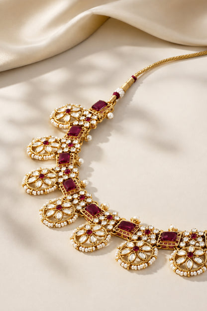 An ornate gold-toned traditional necklace with intricate white stone floral motifs and deep red rectangular gemstones, displayed on a draped cream satin fabric.