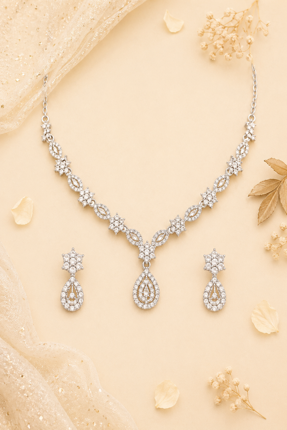 Silver-tone floral necklace set with drop earrings