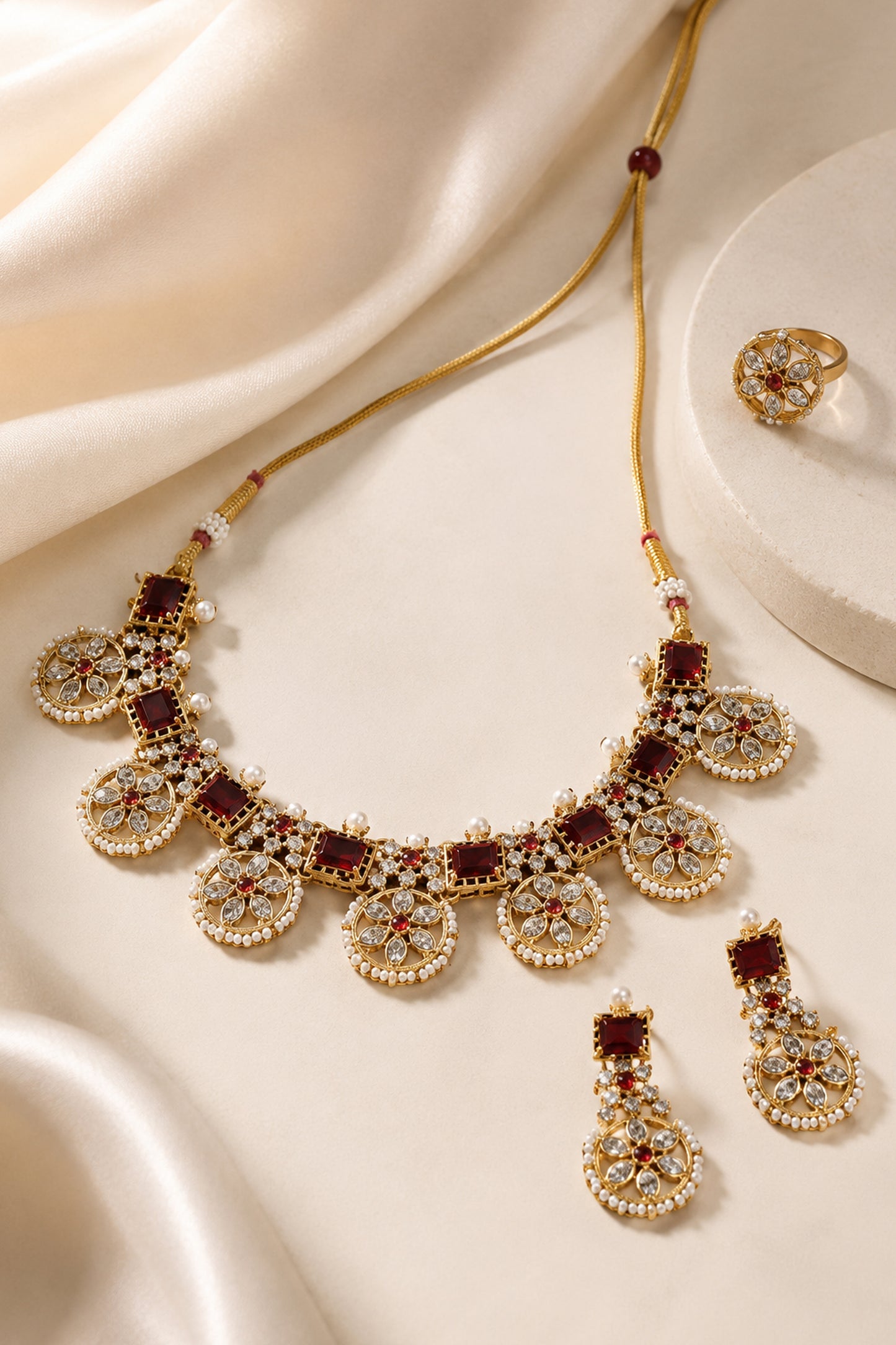 Full necklace set arranged with earrings, ring and matching forehead ornament