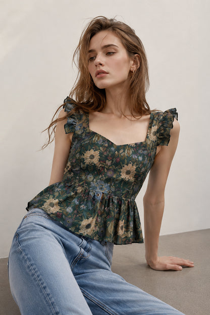 Floral Peplum Top Green cotton printed top studio fashion look