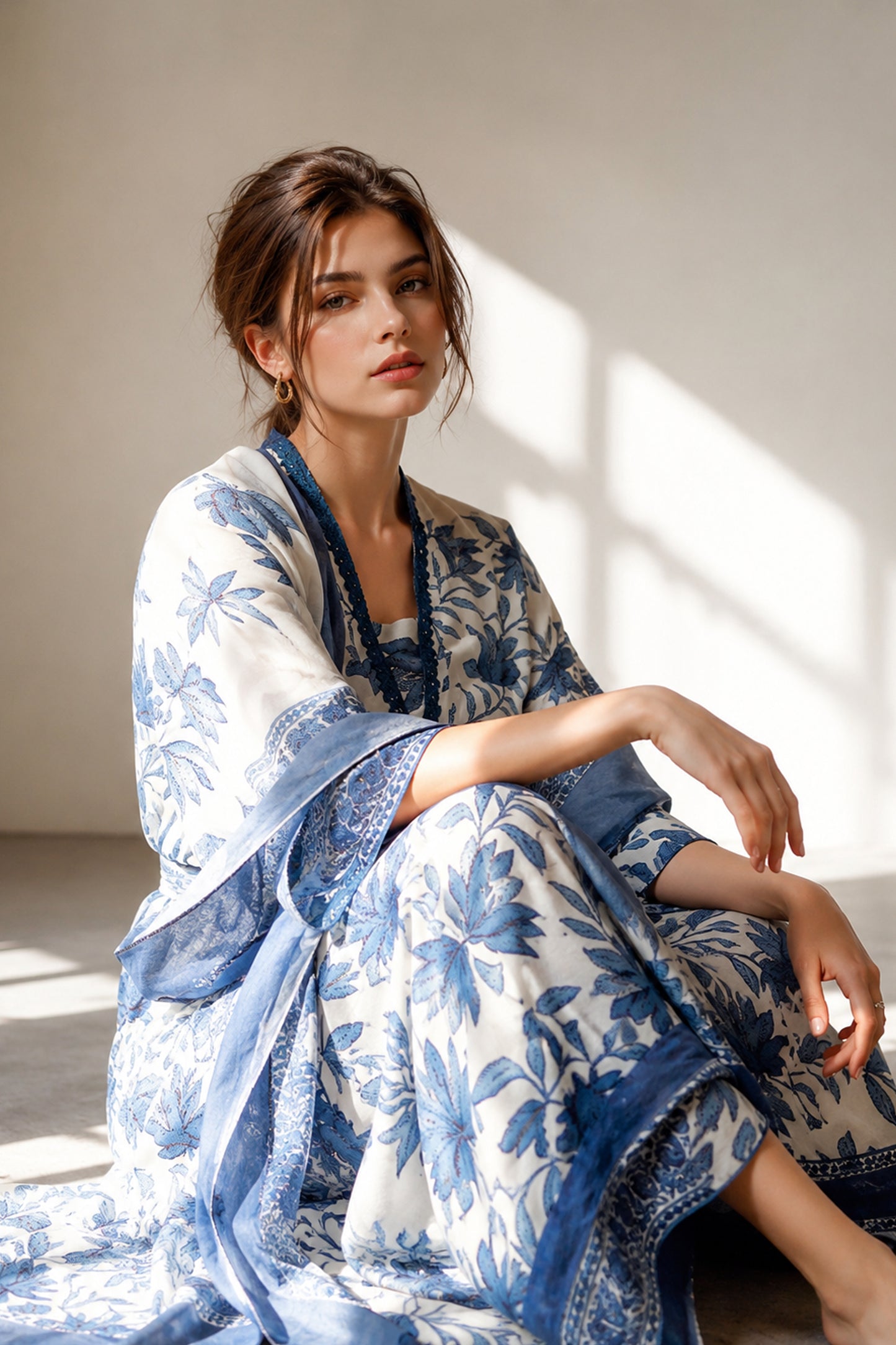 Seated view showcasing the Floral Printed design