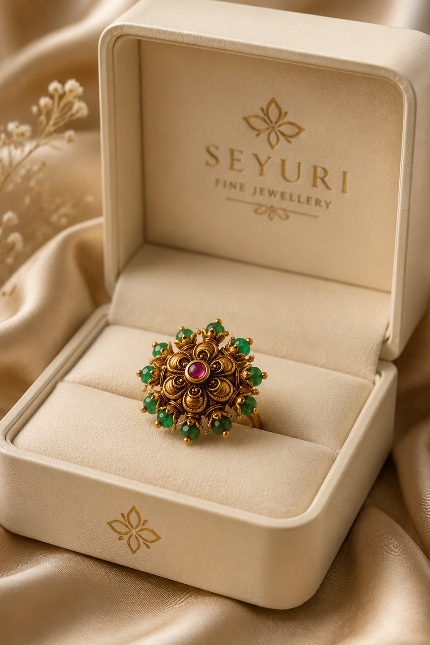 fashion ring displayed inside luxury jewellery box