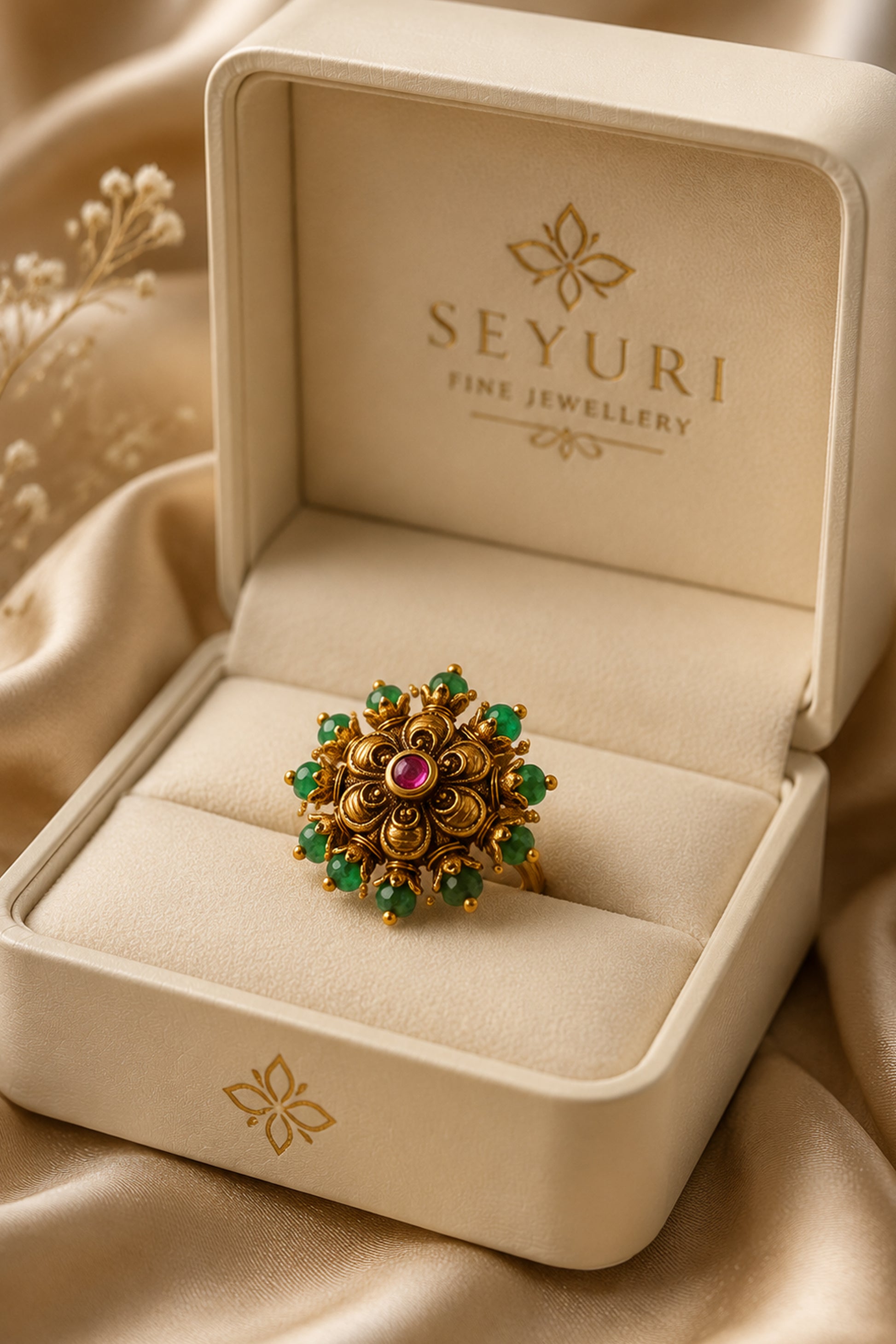 fashion ring displayed inside luxury jewellery box