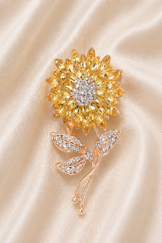 yellow petal flower brooch pin with crystal center