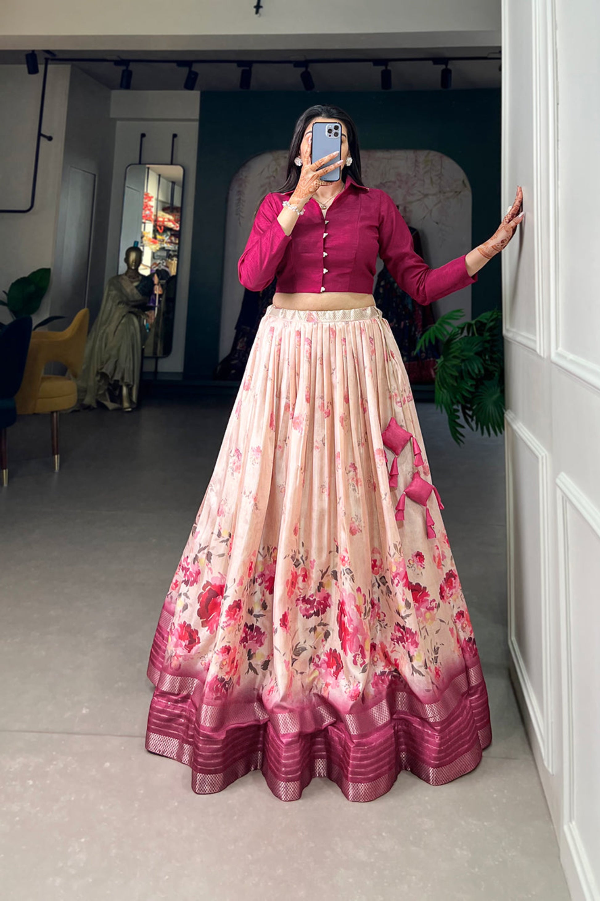 Pastel pink lehenga styled for festive evening wear