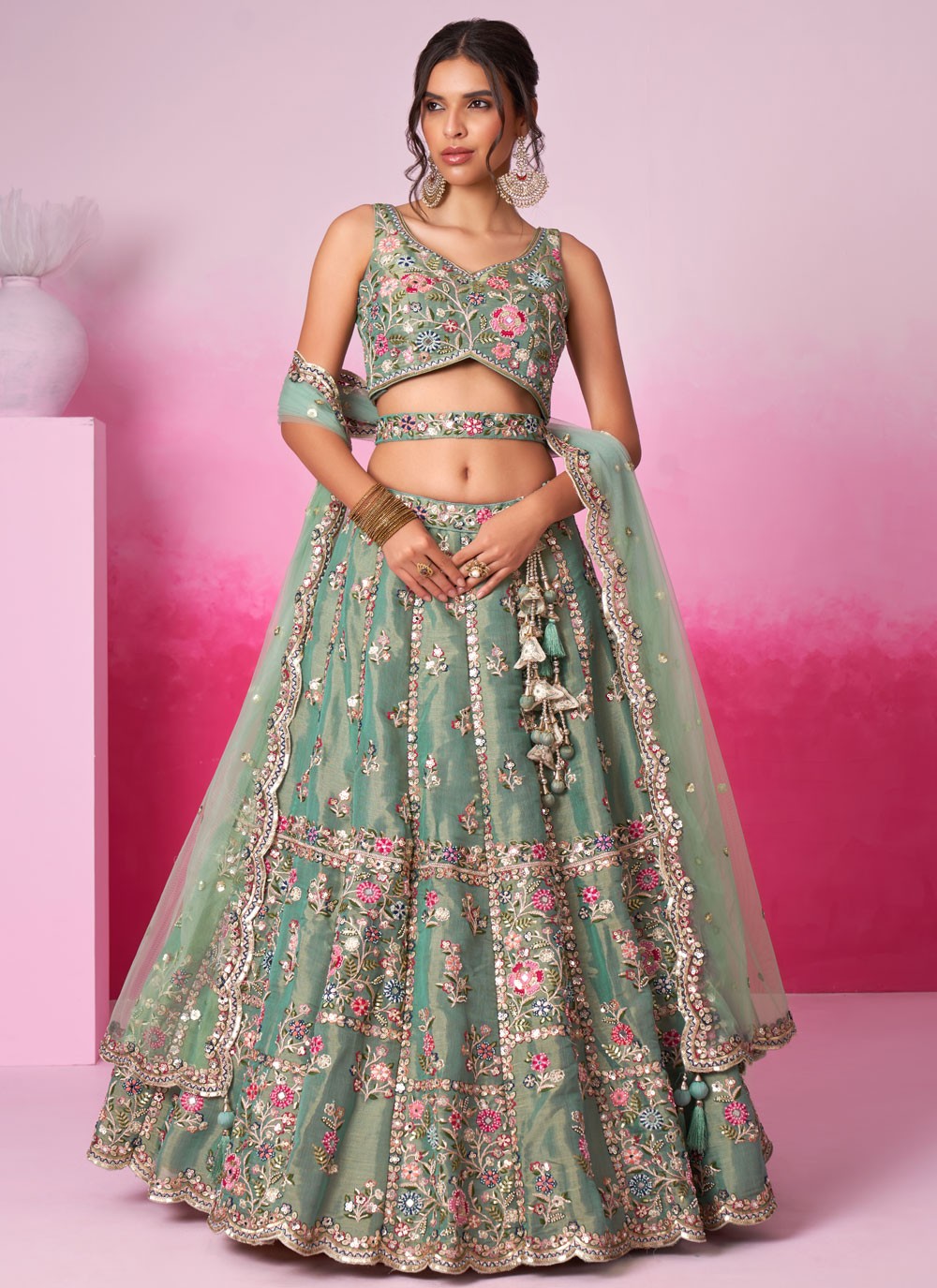 green lehenga choli for wedding event styling look