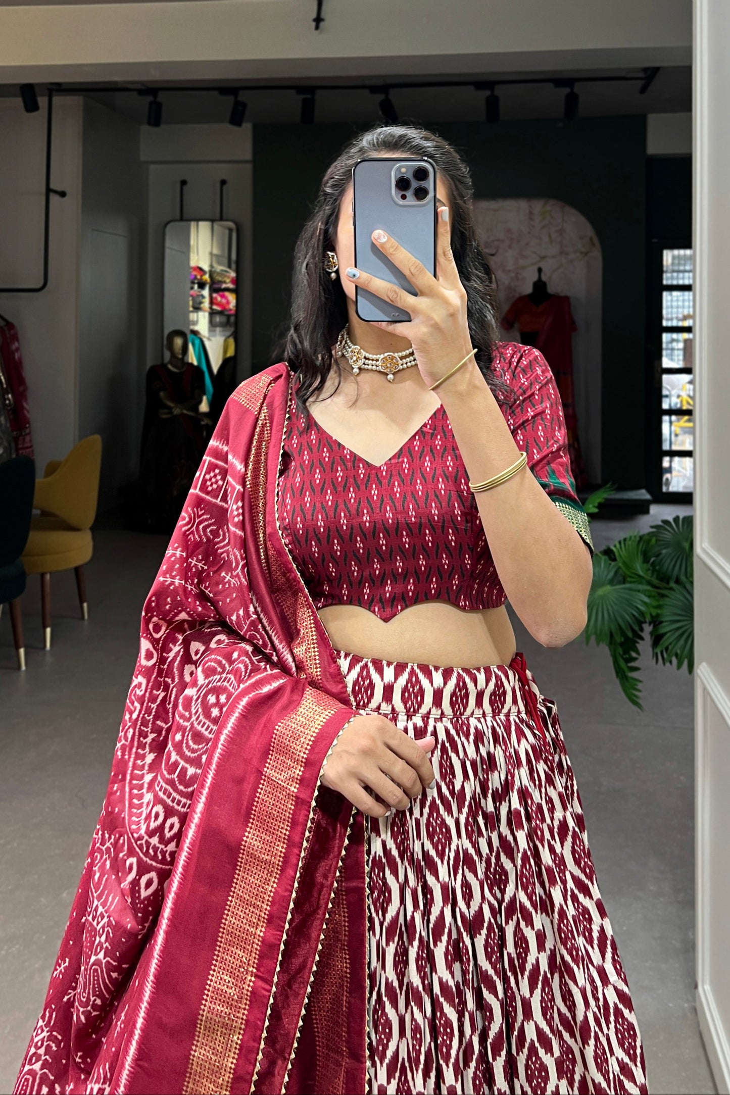Close-up of Patola printed lehenga panel design