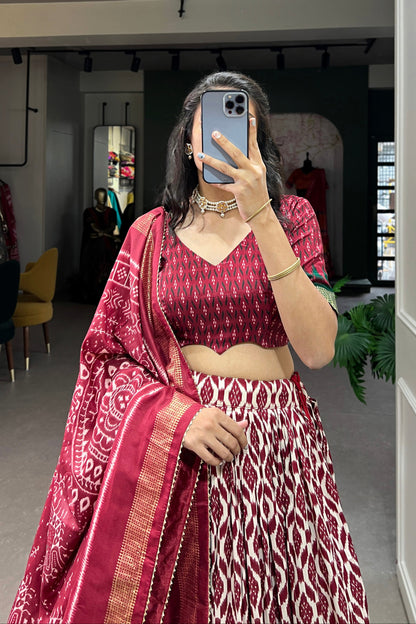 Close-up of Patola printed lehenga panel design