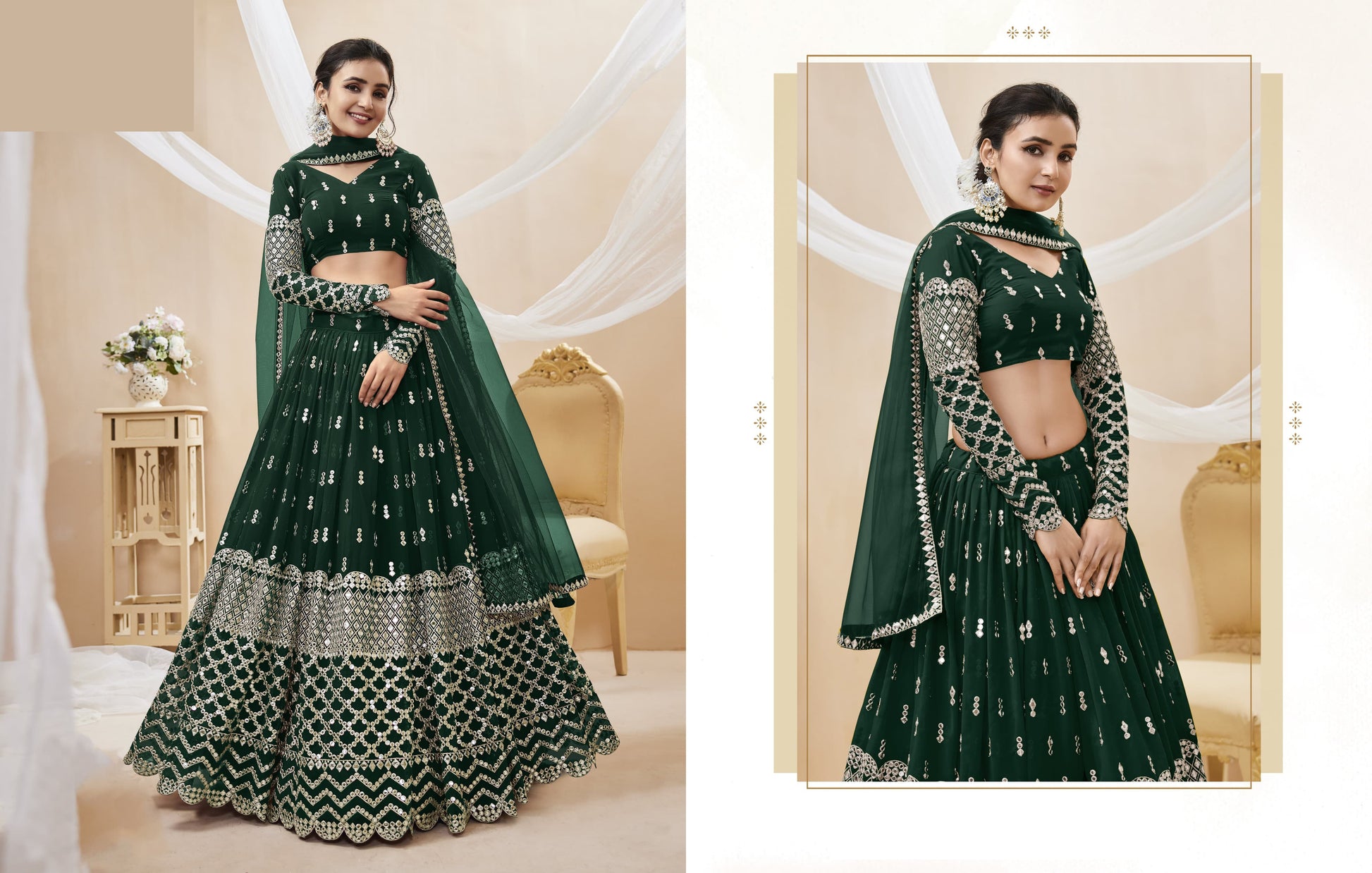 Formal reception outfit dark green lehenga styling