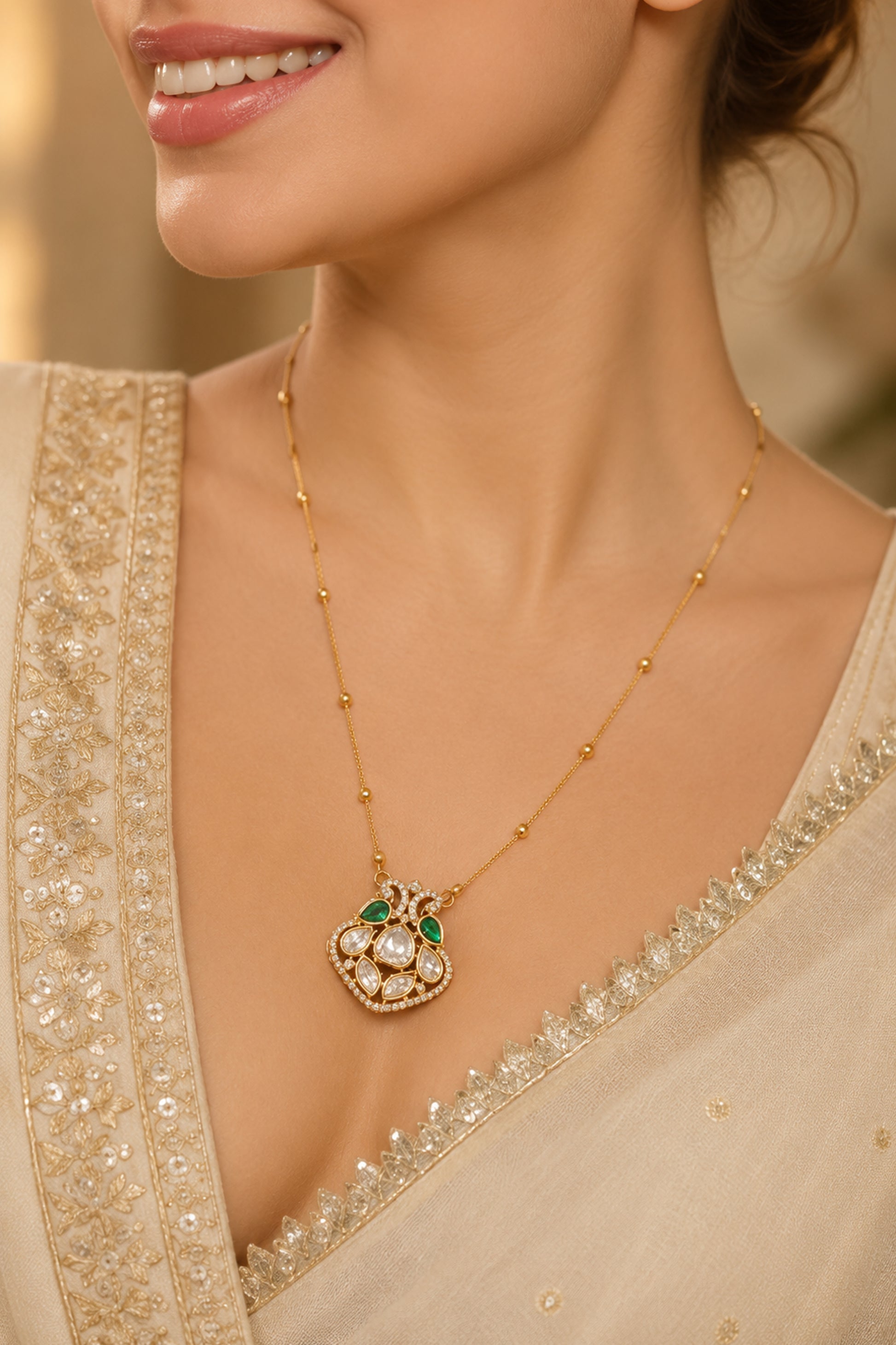 Close-up of framed green and clear pendant details