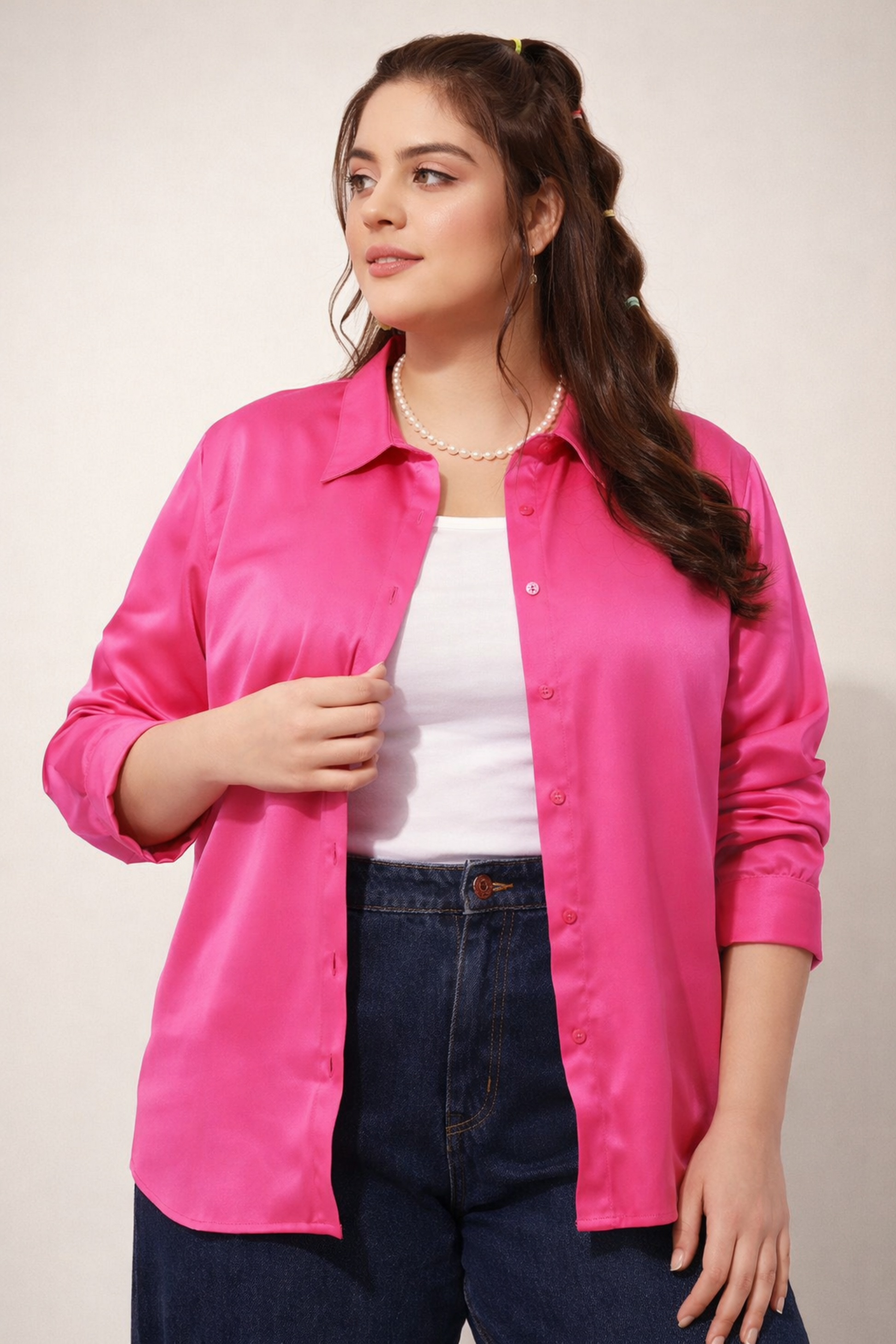 Casual shirts for women in pink satin styled outdoors
