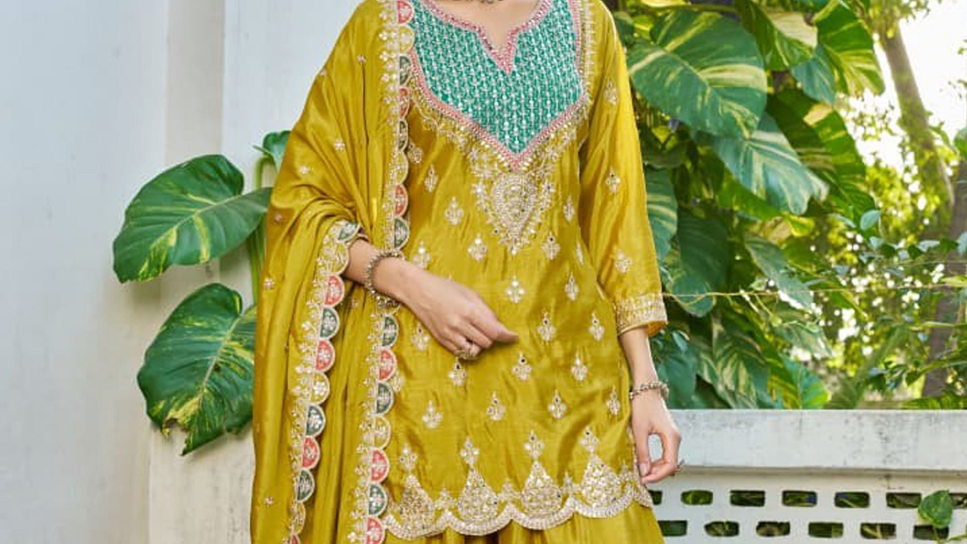 Mustard yellow ethnic palazzo set in Premium Chinon