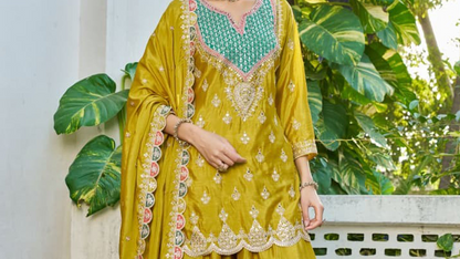 Mustard yellow ethnic palazzo set in Premium Chinon
