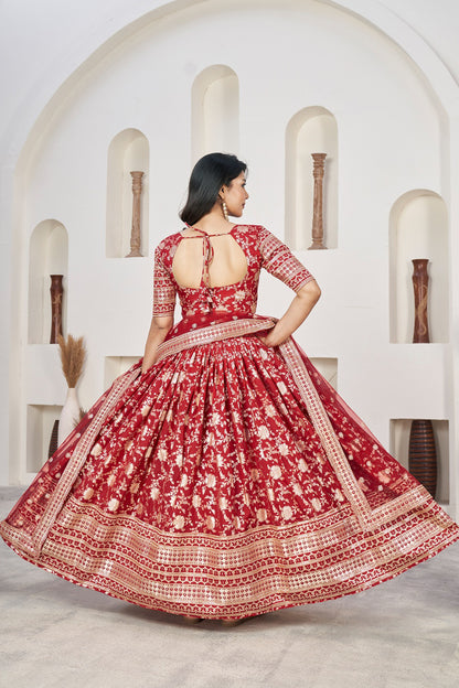 red lehenga choli back view with embroidered blouse