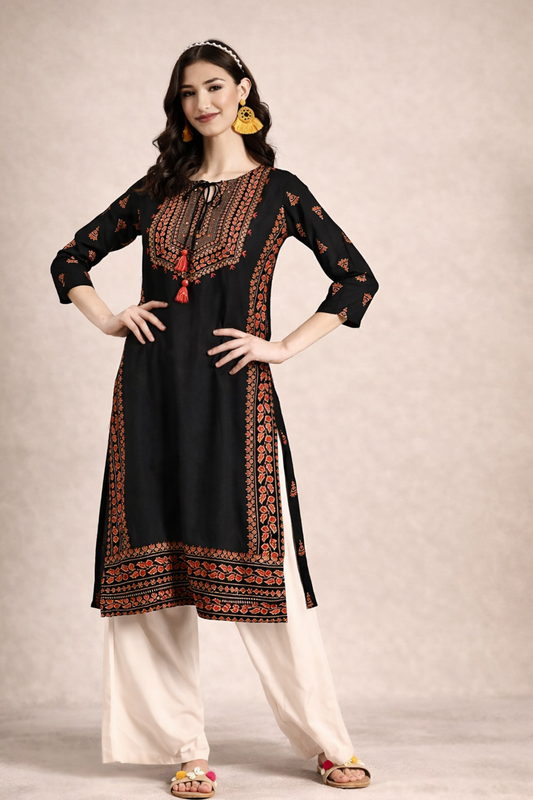 black kurti ladies wear front view with mirror work