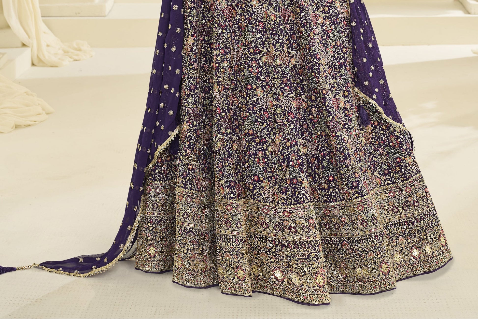 Close up of georgette fabric texture in purple anarkali