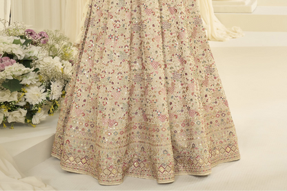 Close up of fabric texture in beige anarkali dress
