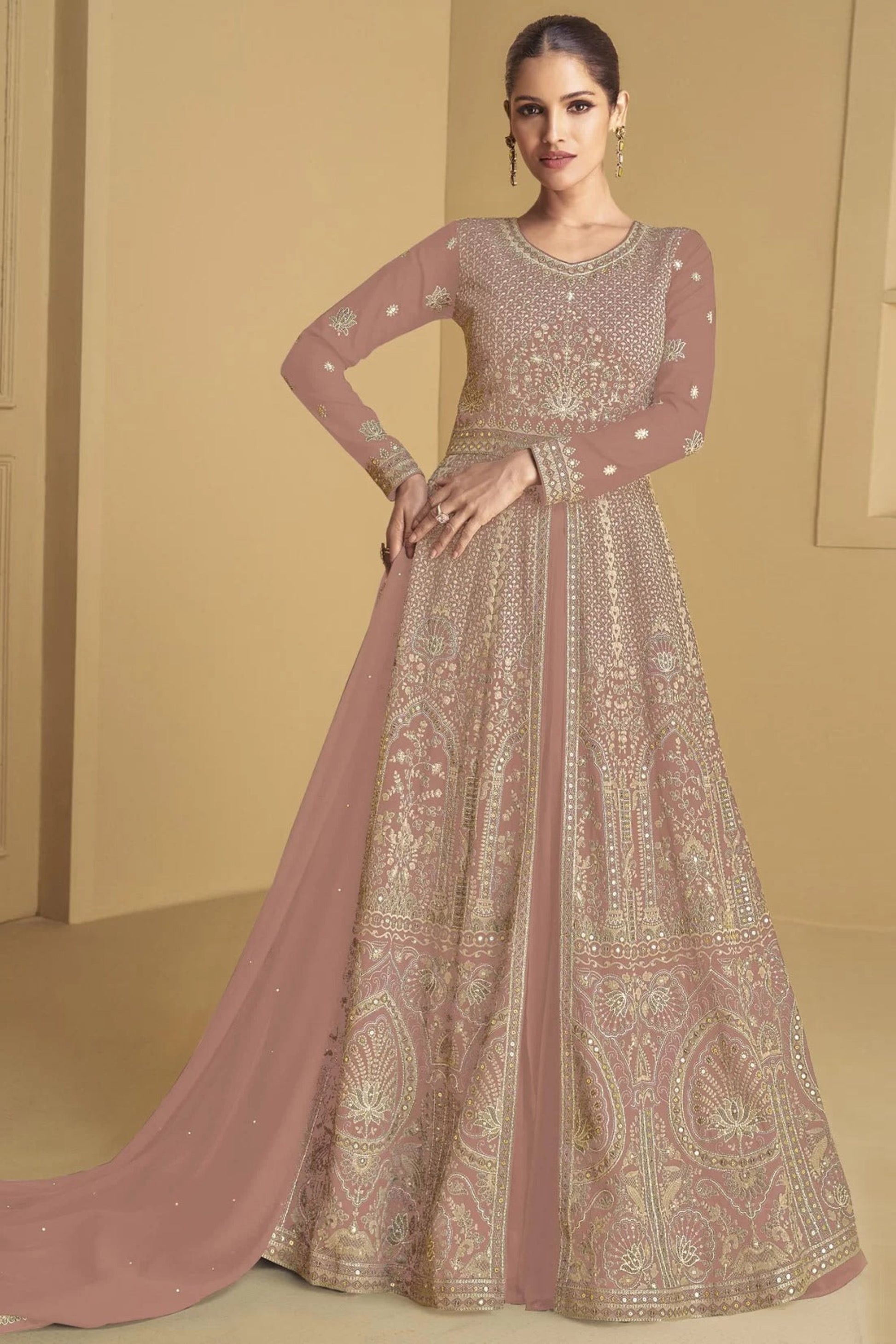 Peach Anarkali Dresses for Women Embroidery Worked Dupatta Suit 