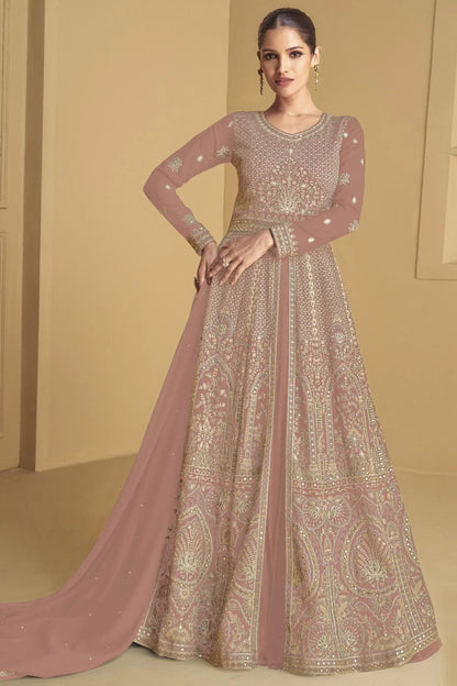 Peach Anarkali Dresses for Women Embroidery Worked Dupatta Suit 