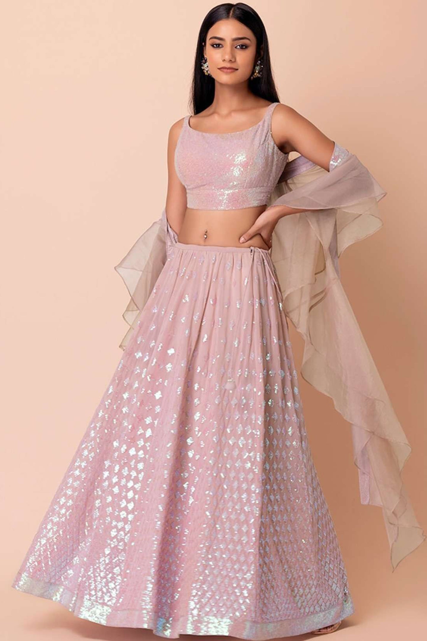 lehenga choli in pink colour sequins work blouse design