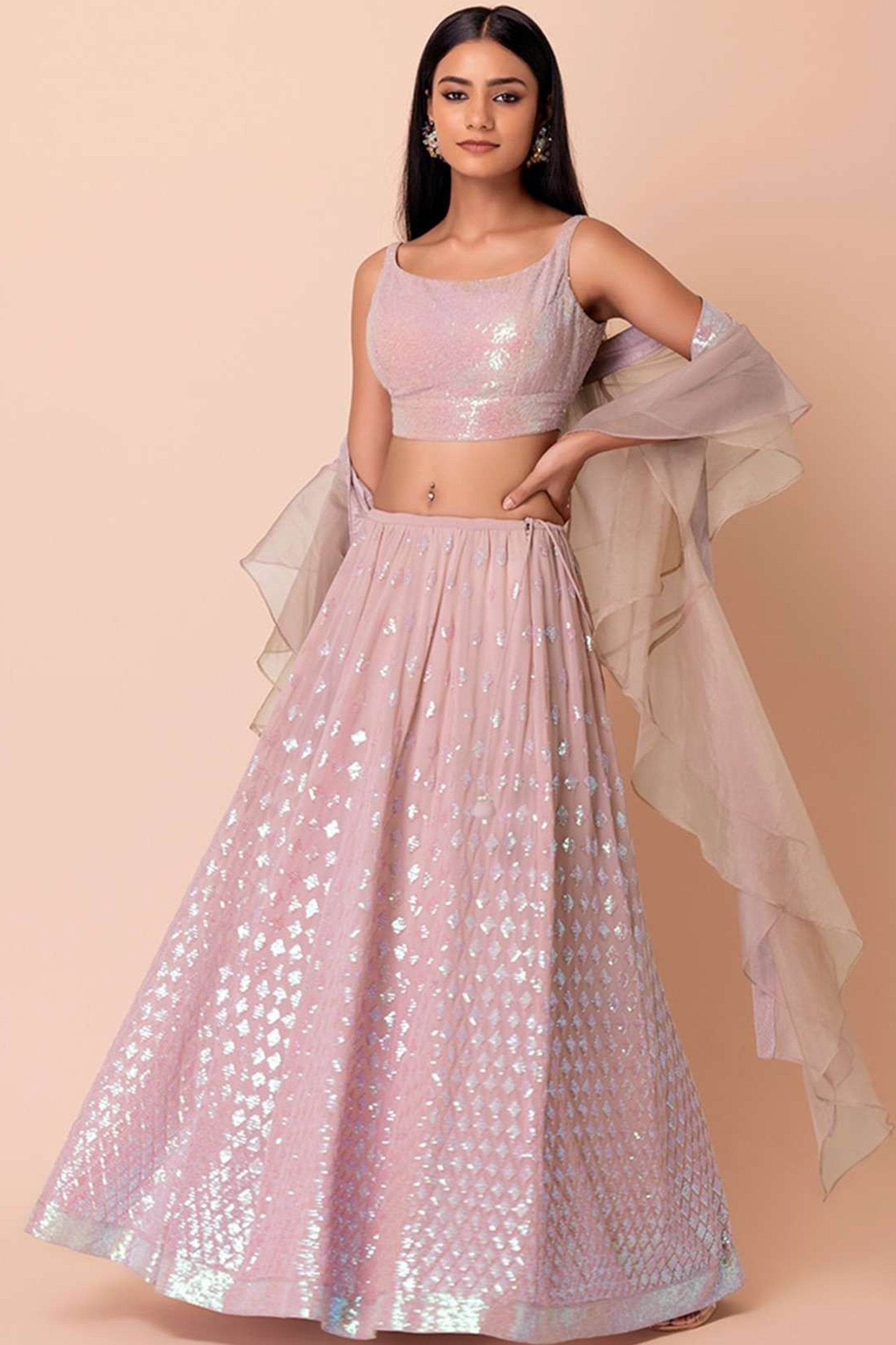 lehenga choli in pink colour sequins work blouse design
