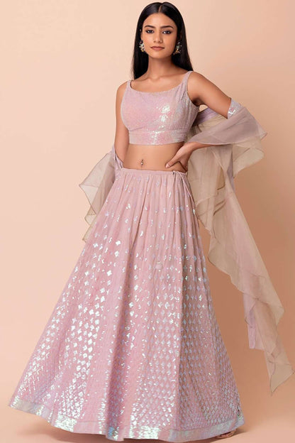 lehenga choli in pink colour sequins work blouse design