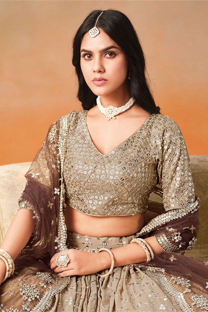 detailed embroidery work on georgette lehenga close up