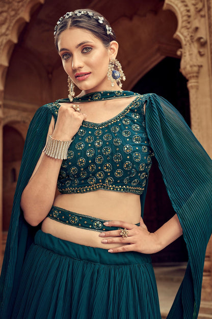 Georgette lehenga choli in dark blue with flowing silhouette