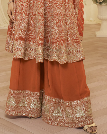 Festive Sangeet look in orange Kameez Palazzo Suit