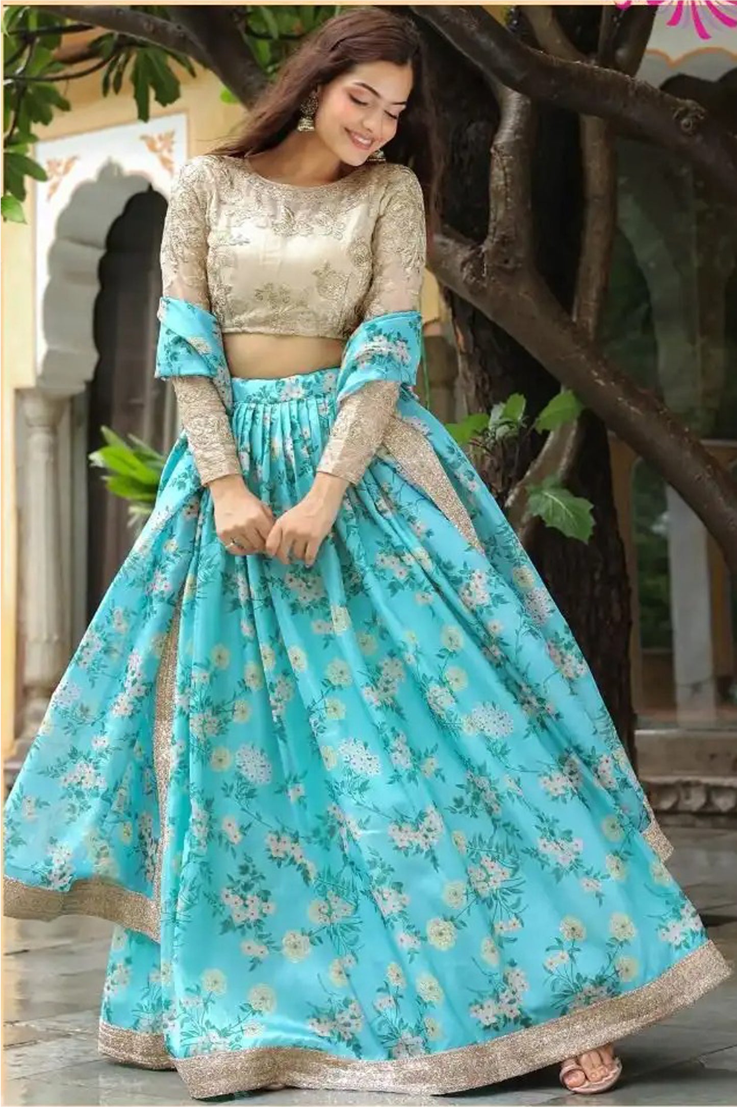 Baby Blue ready to wear lehenga choli with embroidered detailing