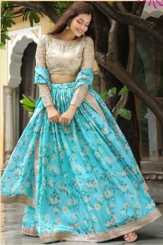 Baby Blue ready to wear lehenga choli with embroidered detailing