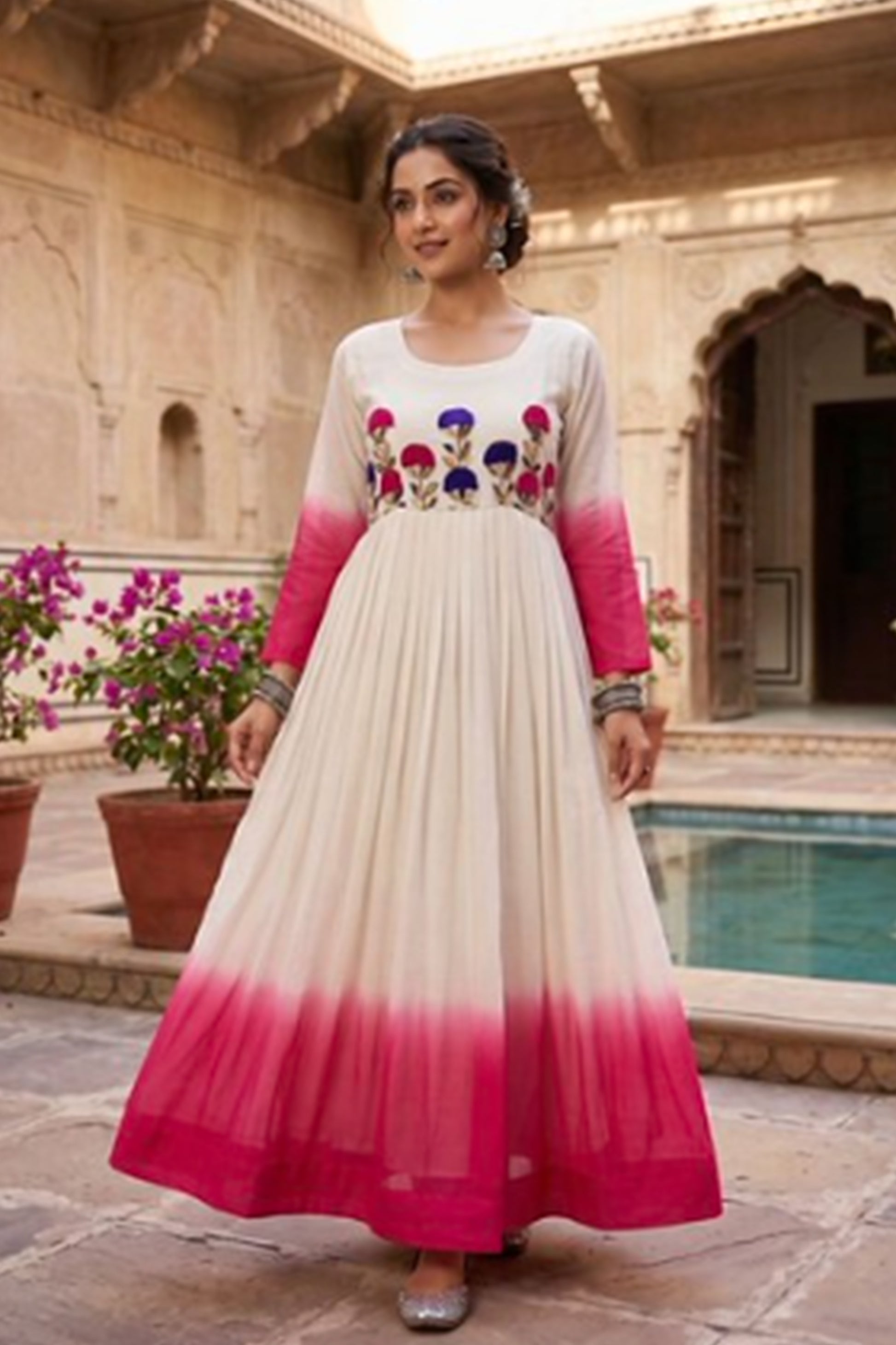 Bright Pink Georgette gown with Embroidery Woolen Thread Work