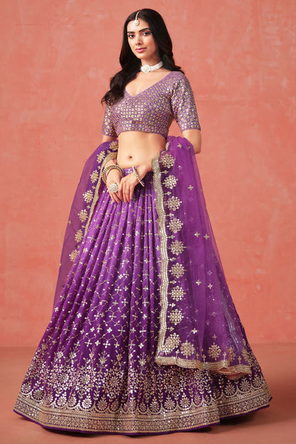 Detailed view of sequins work on purple choli lehenga choli