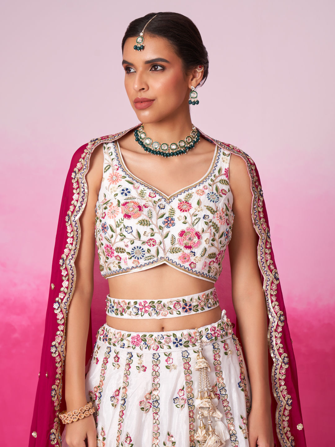 White lehenga choli with soft georgette drape movement