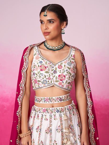 White lehenga choli with soft georgette drape movement