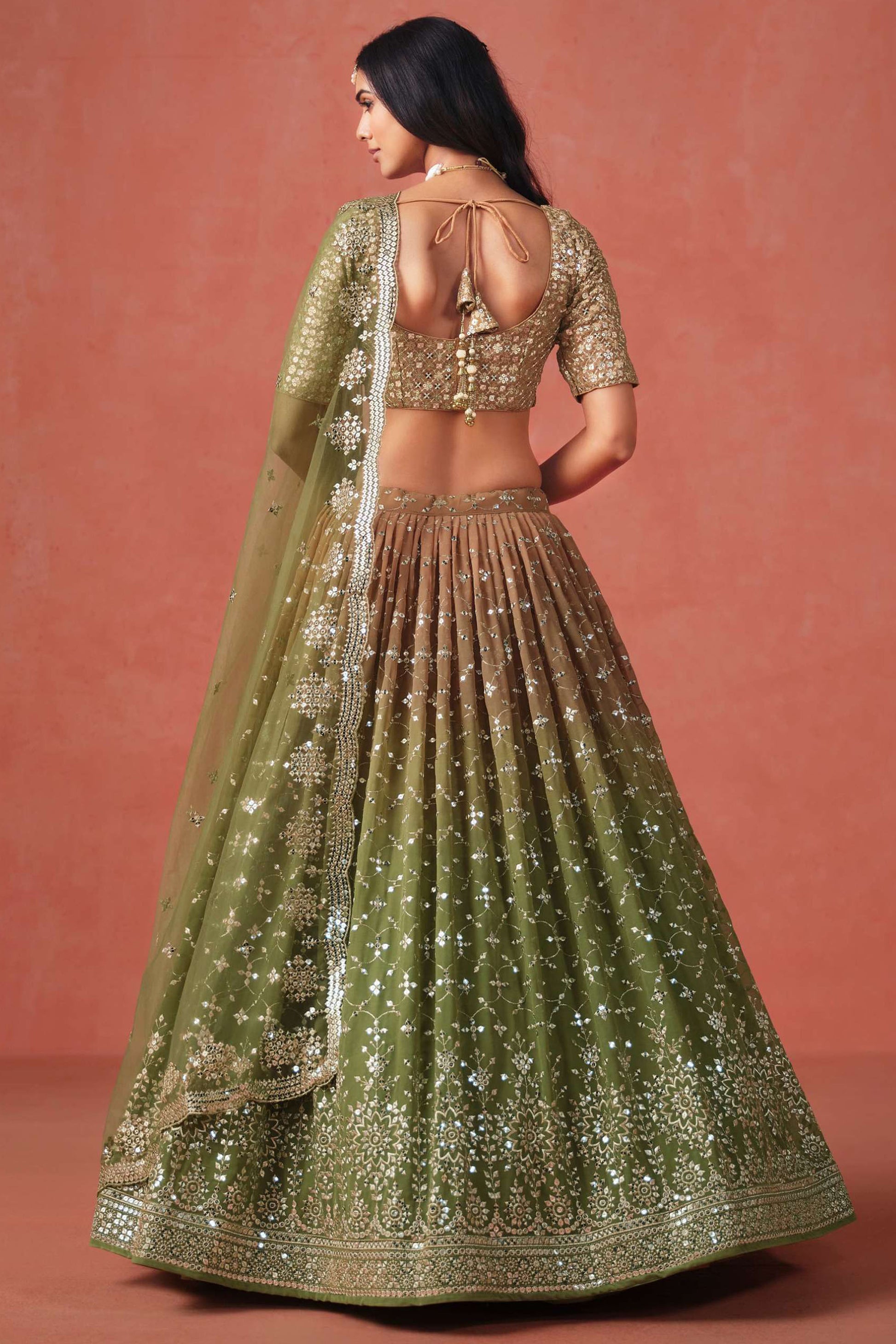 Full outfit view of lehenga choli for women in olive tone