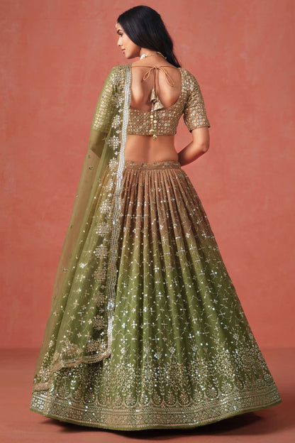 Full outfit view of lehenga choli for women in olive tone