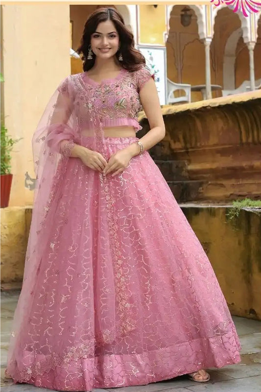Baby pink lehenga choli with layered fabric movement