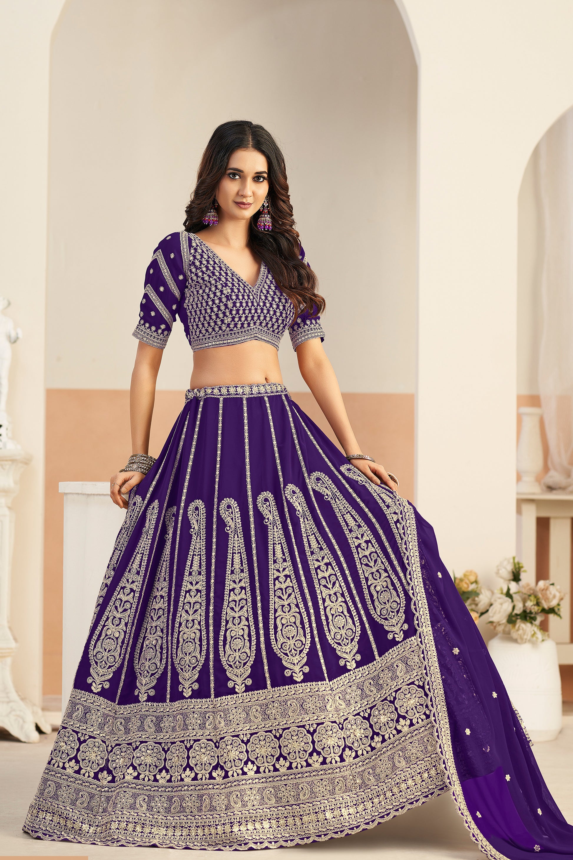 Royal purple lehenga side view with flowing georgette fabric