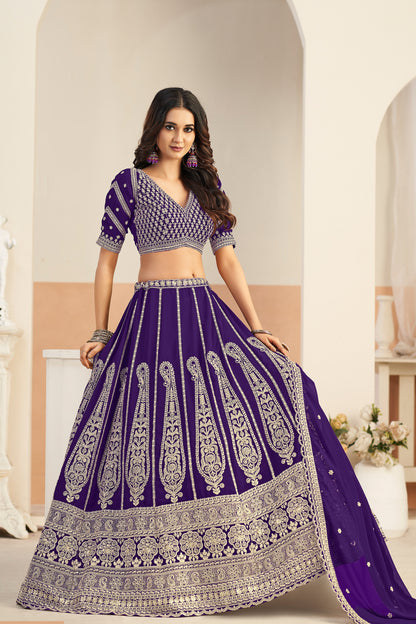 Royal purple lehenga side view with flowing georgette fabric