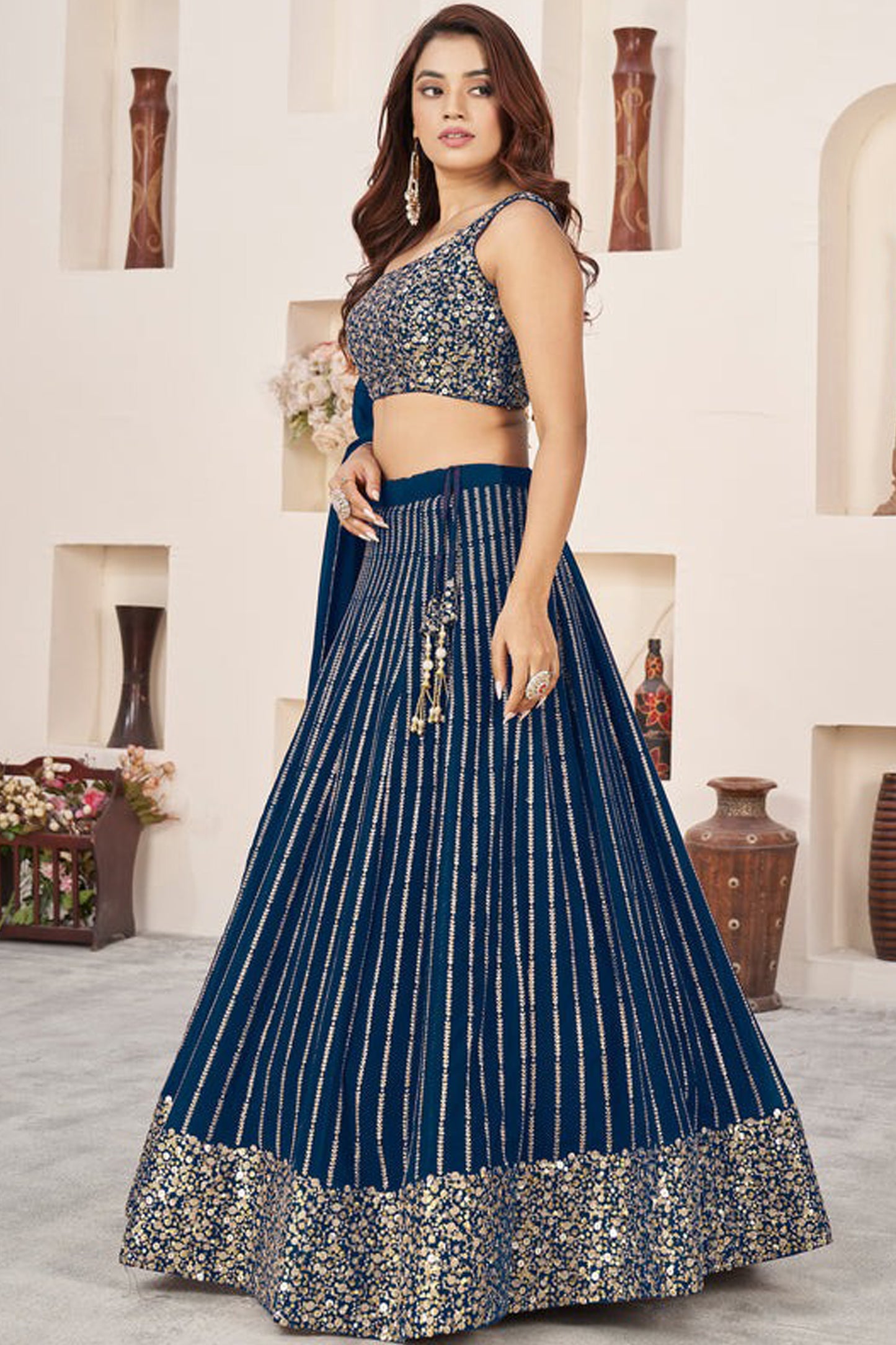 Georgette lehenga fabric flow and drape detail shot