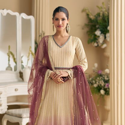 Close up of chikankari embroidery on wine anarkali