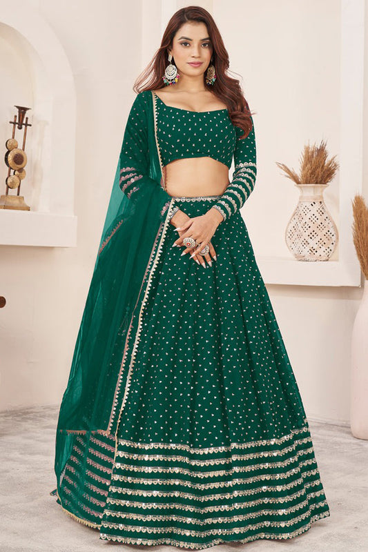 Dark green ghagra chaniya choli full front view with sequins work