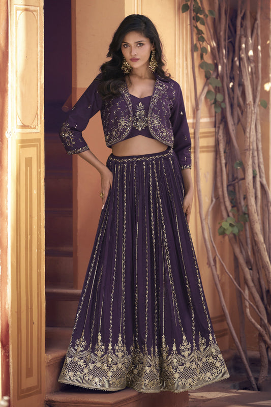 Dark purple ghagra chaniya choli front view