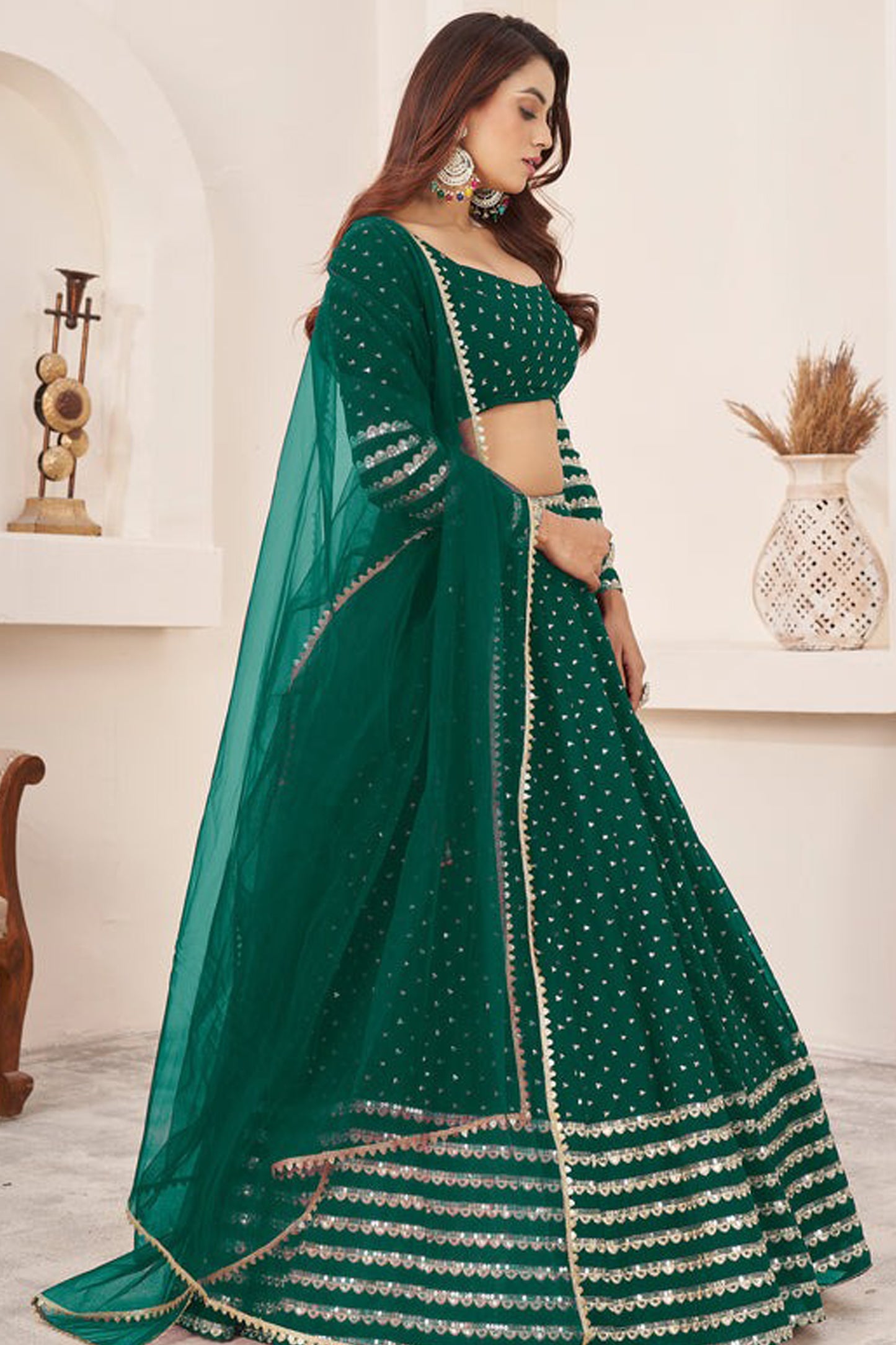 Reception outfit ghagra chaniya choli flowing silhouette view